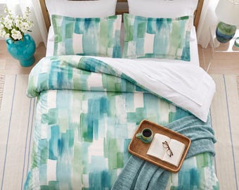 Watercolor Bedding — Seafoam Aqua Green Duvet Cover Set, Abstract Coastal Beach House Art, Airbnb, Cotton or Microfiber, Queen King Twin