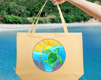 May include: A beige tote bag with a circular design featuring a green sea turtle swimming in blue water under a yellow sun. The bag has long handles and the text "PERSONALIZE" in the upper right corner.