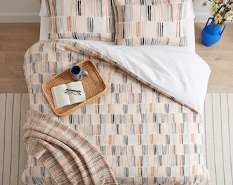 Cotton Duvet Cover Set — Coral Peach Watercolor Brick Bedding, Modern Coastal Airbnb, Microfiber or 100% Cotton, Queen King Twin