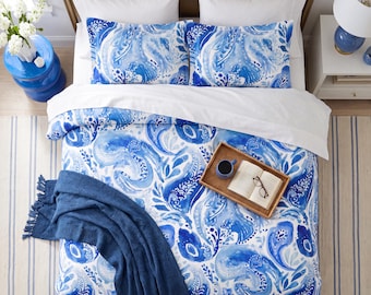 Blue Paisley Watercolor Cotton Duvet Cover Set, Blue White Coastal Beach House Airbnb, Microfiber or 100% Cotton, Queen King Twin