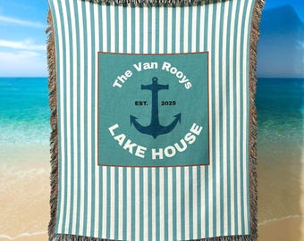 Beach House Blanket Personalized | Cozy Throw Blanket Custom Family Name | Housewarming Gift