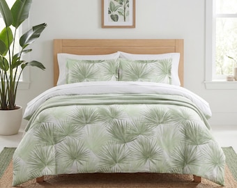 Palm Leaf Sage Green Cotton Duvet Cover Set — Tropical Coastal Bedding, Beach House Airbnb, Cotton or Microfiber, Queen King Twin