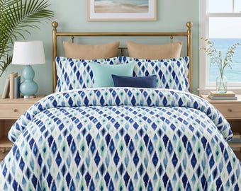 Blue Ikat Duvet Cover Set — Coastal Watercolor Bedding, Artist Made Beach House Airbnb Decor, Cotton or Microfiber, Queen King Twin