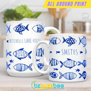 Personalized Beach House Mug: Watercolor Fish, Custom Family Name
