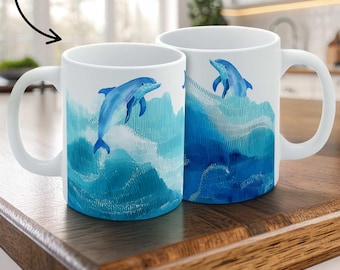 Delfin Kaffeebecher | Urlaubsgeschenk für Ocean-Liebhaber | Einzigartige Blaue Küstenstrandhaus-Tasse