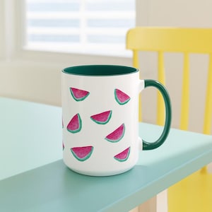 Watermelon Coffee Mug Hand Painted Summer Fruit Cup Colorful Green Accent Mug 11oz 15oz Gift for Foodies Dopamine Decor