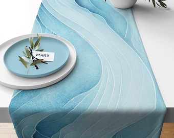 Blue Wave Table Runner 16x72 Watercolor Ocean Beach House Coastal Dining Cotton Twill Airbnb Hostess Gift Wedding