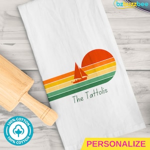Personalized Sailboat Tea Towel: Sunset Nautical Decor, Cotton Gift