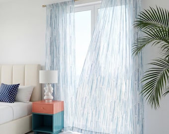 Blue Watercolor Rainstick Sheer Window Curtain | Vertical Stripe Sheer Panel, Coastal Light Filtering Watercolor Panel
