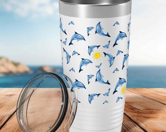 Personlig delfinmugg: Akvarell strandmugg - 20oz