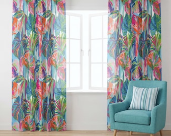 Tropical Watercolor Sheer Curtain Panels, Semi Sheer Light Filtering, Coastal Rod Pocket, Palm Springs Living Room Bedroom