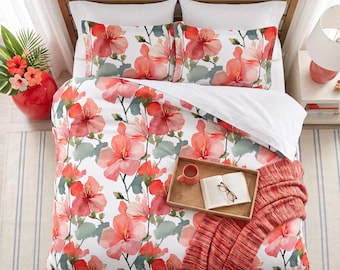 Red Botanical Cotton Duvet Set, Coastal Maximalist Bedding, Watercolor  Tropical  Duvet, Tropical Flowers Bedroom Decor, Airbnb