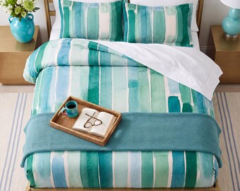 Striped Watercolor Bedding — Green Blue Duvet Cover Set, Coastal Artist Made Beach House Airbnb Decor, Cotton or Microfiber, Queen King Twin