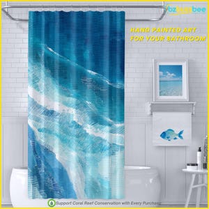 Tenda da doccia con onde oceaniche: decorazione per bagno in stile costiero, tessuto in poliestere