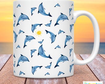 Hand Painted Dolphin Coffee Mug: Coastal Beach House Decor, Gift for Her