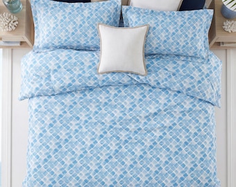 Juego de funda nórdica de algodón a cuadros azul claro / Ropa de cama con estampado de acuarela costera / Ropa de cama azul suave para casa de playa / Ropa de cama para AirBNB
