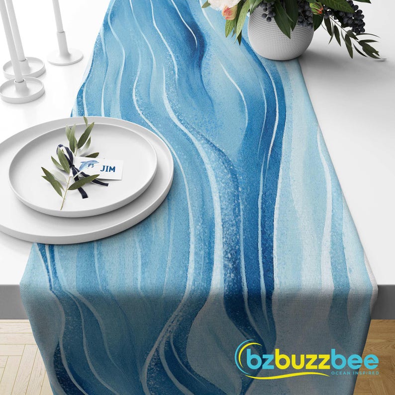 Wave Table Runner Pattern Ocean Wave Table Runner 16x72 Blue Watercolor Coastal Beach House ...