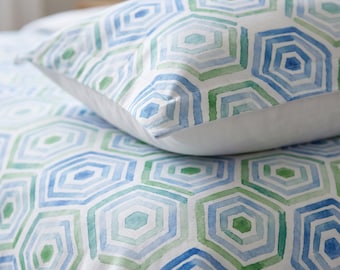 Watercolor Bedding — Green Blue Duvet Cover Set, Hexagon Coastal Artist Made Beach House Airbnb Decor, Cotton or Microfiber, Queen King Twin