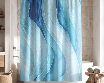 Coastal Shower Curtain Watercolor Blue Ocean Wave Beach House Bathroom Decor 71x74 Fabric Hooks Optional Airbnb