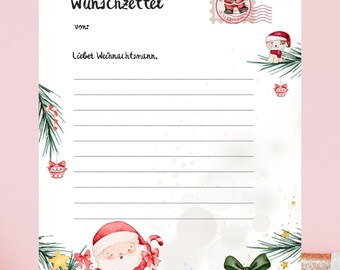 Lista de deseos de Navidad, lista de deseos de Papá Noel, carta imprimible a Papá Noel, descarga instantánea de la carta de Navidad en alemán