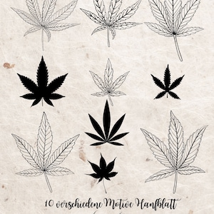 Könnte beinhalten: Zehn verschiedene Schwarzweiß-Illustrationen von Cannabisblättern. Die Illustrationen sind in verschiedenen Größen und Stilen, einschließlich Umriss und Vollschwarz.
