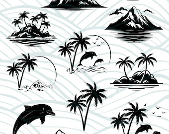 Tropischer Strand Szene SVG,Insel Strand svg,Palme svg, Delfine insel svg, Delfin svg, png,Shirt-Designs, sonne strand meer  palme svg
