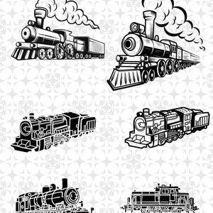 May include: A set of six black and white illustrations of vintage steam locomotives with smoke coming from the chimneys. The locomotives are facing forward and have different designs.