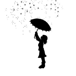 Könnte beinhalten: Silhouette einer Person, die einen Regenschirm hält, mit Sternen, die vom Himmel fallen.
