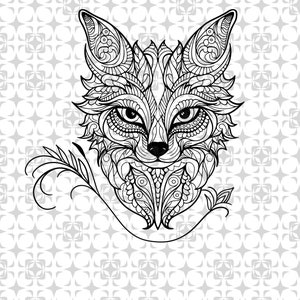 May include: Black and white line art illustration of a fox's face with intricate details and a floral design. The fox's eyes are large and expressive, and its nose is small and pointed. The background is a simple white pattern.