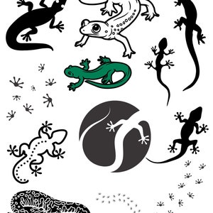 以下が含まれることがあります： 黒、白、緑のトカゲのシルエットと足跡の集まり。トカゲは、歩く、走る、立つなど、さまざまなポーズをとっています。一部のトカゲには斑点や縞模様があります。