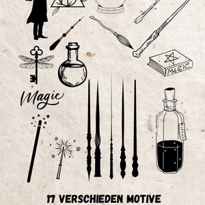May include: A set of 17 black and white illustrations of magical objects, including a wizard, a wand, a crystal ball, a potion bottle, a key, a dragonfly, a broom, a book, a triangle, and a star. The text "Magic" appears twice in the image. The text "17 VERSCHIEDEN MOTIVE" and "SVG-PNG" also appear in the image.