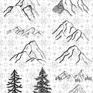 May include: A set of eight black and white line drawings of mountains and pine trees. The mountains are drawn in a simple, stylized way, with jagged peaks and valleys. The pine trees are tall and slender, with branches that extend out in all directions.