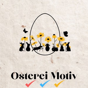 Puede incluir: Silueta negra de conejos y mariposas que rodean un huevo amarillo con flores amarillas. El texto "Osterei Motiv" está debajo de la imagen. El texto "SVG-PNG-PDF" está debajo del texto.