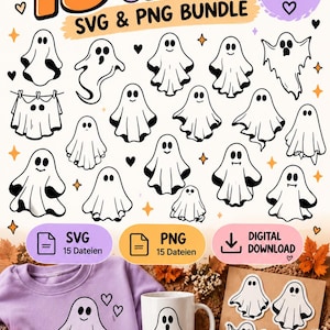 May include: A digital bundle featuring 15 ghost illustrations in SVG and PNG formats. The graphic displays various black and white ghost characters, a lavender shirt with a ghost print, a white mug with a ghost, and ghost stickers.