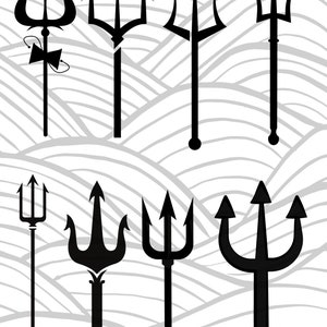 May include: A set of eight black trident silhouettes, each with a unique design. The tridents are arranged in two rows of four, against a background of grey wavy lines.