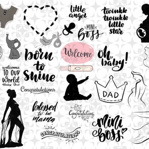 Pode incluir: Uma coleção de ilustrações em preto e branco para um recém-nascido. As ilustrações incluem pegadas, um bebê em um macacão, uma mulher grávida, uma coroa, um pássaro, um elefante, uma chupeta, um teste de gravidez e texto que diz "Bem-vindo", "Parabéns", "Nascido para brilhar", "Bênção de ser mãe", "Mini chefe", "Brilha, brilha estrelinha", "Anjo pequeno", "Oh, bebê", e "Bem-vindo, pequeno homem".
