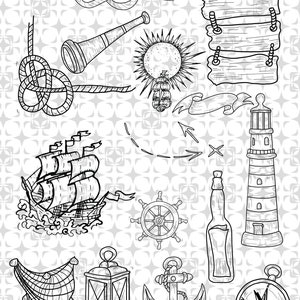 Puede incluir: Ilustraciones náuticas en blanco y negro. Incluye un barco, un faro, una brújula, un ancla, un timón, nudos de cuerda, un catalejo y una botella con un pergamino. El fondo tiene un patrón de estrellas repetido.