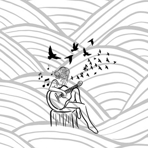 May include: Black and white line art illustration of a person playing a guitar. The person is seated on a wooden stool, with musical notes and birds in flight. The background features a wavy, gray pattern.