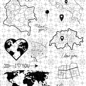 Puede incluir: Diseño gráfico en blanco y negro con mapas, pines de mapa y la frase "I love you". El diseño incluye un mapa del mundo, un mapa del mundo en forma de corazón y mapas detallados de regiones específicas. El fondo tiene un patrón de estrellas repetido.