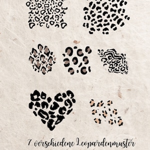 Könnte beinhalten: Sieben verschiedene Leopardenmuster in Schwarz, Braun und Beige. Die Muster sind in Form eines Quadrats, eines Kreises, eines Herzens und unregelmäßiger Formen.