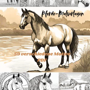 Coloring page motif horses, painting for children PDF, to print, template horses motif Pdf, horses PDF, horses painting, coloring page motif horses, pdf