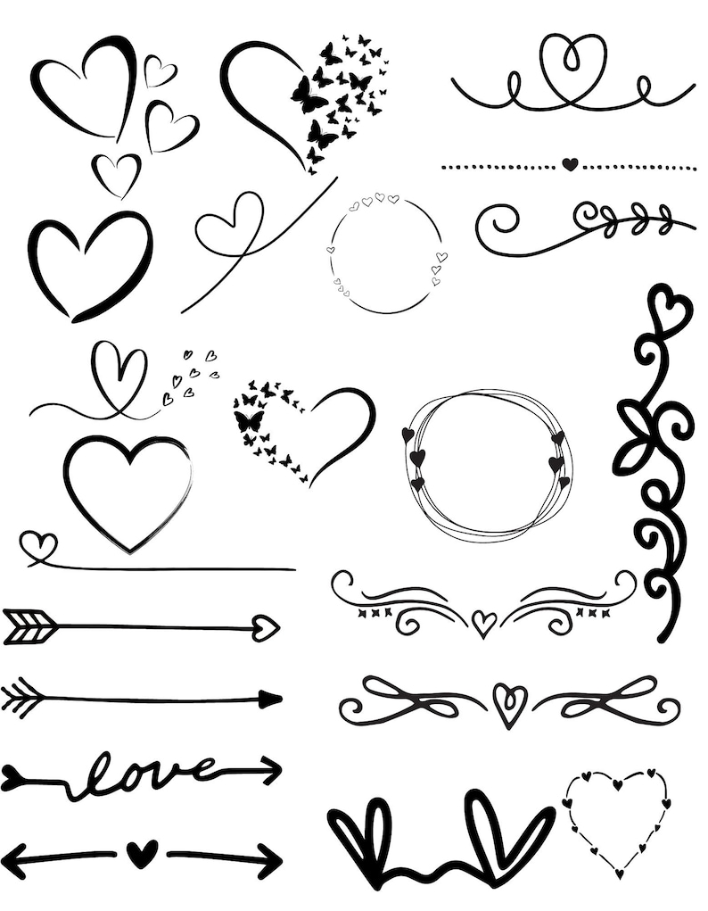 May include: A set of black and white hand-drawn heart and arrow illustrations. The illustrations include hearts, arrows, swirls, and the word "love".