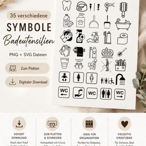 Könnte beinhalten: Ein digitales Blatt mit 35 schwarzen Strichzeichnungen von Badezimmerutensilien und WC-Symbolen. Der Text umfasst 35 verschiedene SYMBOLE Badeutensilien, PNG + SVG Dateien, Zum Plotten und Digitaler Download, ergänzt durch Piktogramme für Hygiene, Toiletten und Barrierefreiheit.