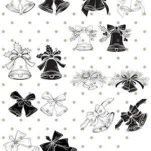 May include: A set of 16 black and white Christmas bells with bows and holly. The bells are drawn in a vintage style and are perfect for adding a festive touch to your holiday crafts.