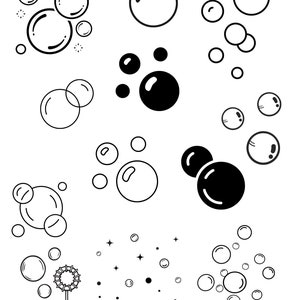 Könnte beinhalten: Eine Schwarzweißillustration von Seifenblasen in verschiedenen Größen. Einige Blasen sind zusammen gruppiert, während andere isoliert sind. Es gibt auch eine Schwarzweißillustration einer Seifenblasenpistole.