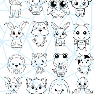 May include: Black and white line art illustrations of various cute animals, including a donkey, elephant, owl, sheep, rabbit, cat, bug, lion, horse, crocodile, cow, goat, wolf, penguin, and duck.