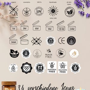 May include: A set of 34 black and white icons for use in product packaging or marketing materials. The icons depict various product attributes such as vegan, cruelty-free, oil-free, and handmade.