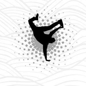 May include: A black silhouette of a breakdancer performing a handstand with one leg extended. The dancer is centered against a background of gray squares and white wavy lines, creating a dynamic and energetic visual.