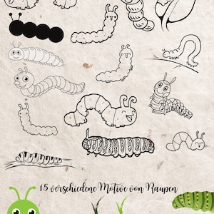 May include: A set of 15 black and white line drawings of caterpillars in various poses. The drawings are on a white background with a brown texture. The text "15 verschiedene Motive von Raupen" and "SVG-PNG" are at the bottom of the image.