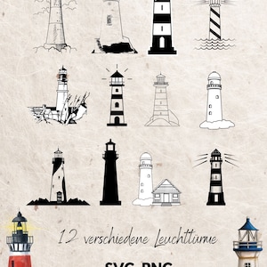 Könnte beinhalten: Zwölf verschiedene Schwarzweiß-Illustrationen von Leuchttürmen mit einer Aquarell-Leuchtturm-Illustration. Der Aquarell-Leuchtturm ist rot und weiß mit einem blauen Dach. Der Text "12 verschiedene Leuchttürme SVG-PNG" befindet sich am unteren Rand des Bildes.